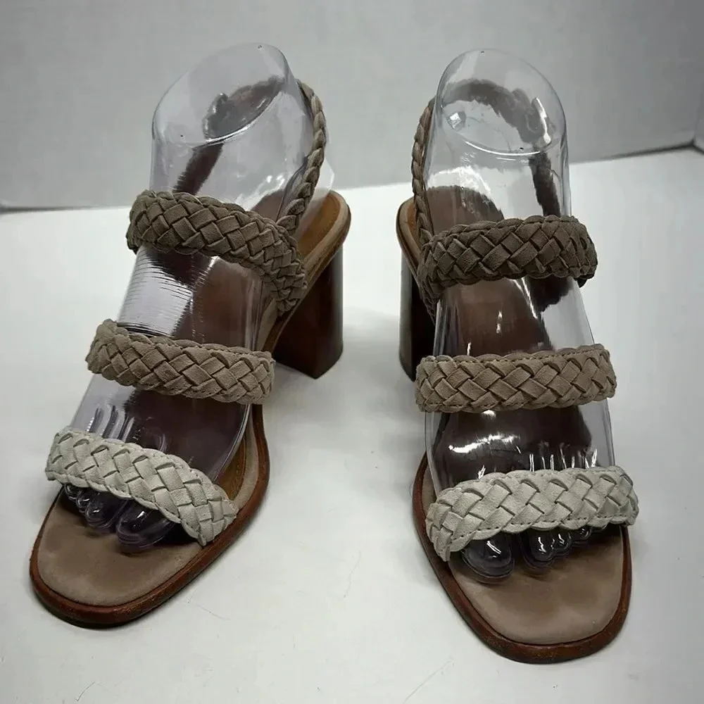 Frye Amy Braided High Heel Open Toe Sandals Shoes in Camel Multi Color Size 6.5